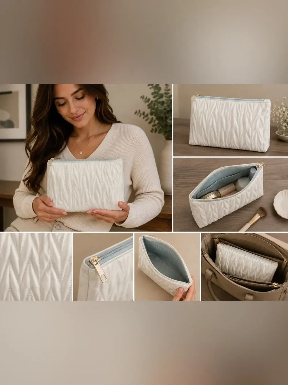 NWT A New Day Ivory Quilted Zip Pouch Clutch Cosmetic Bag Travel Organizer